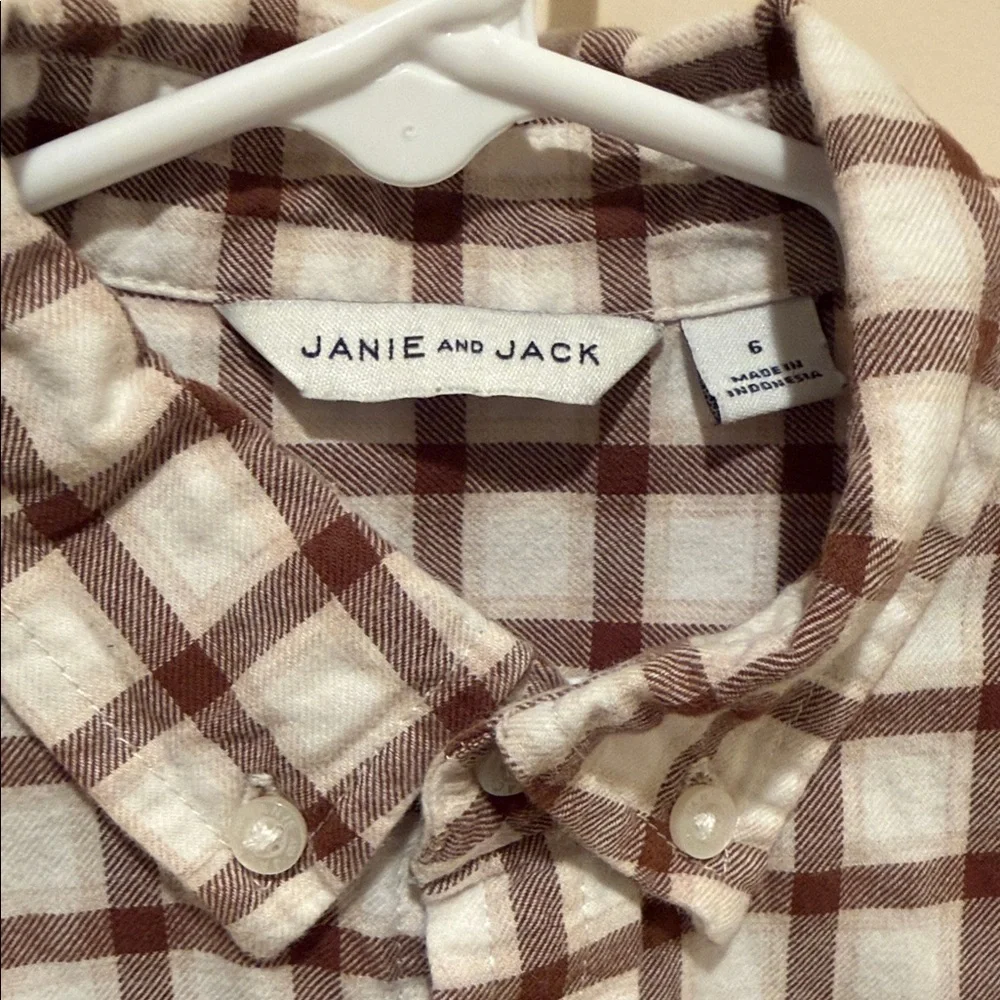Boys Size 6 Janie and Jack Brown Plaid Button Down Shirt Long Sleeve Cotton